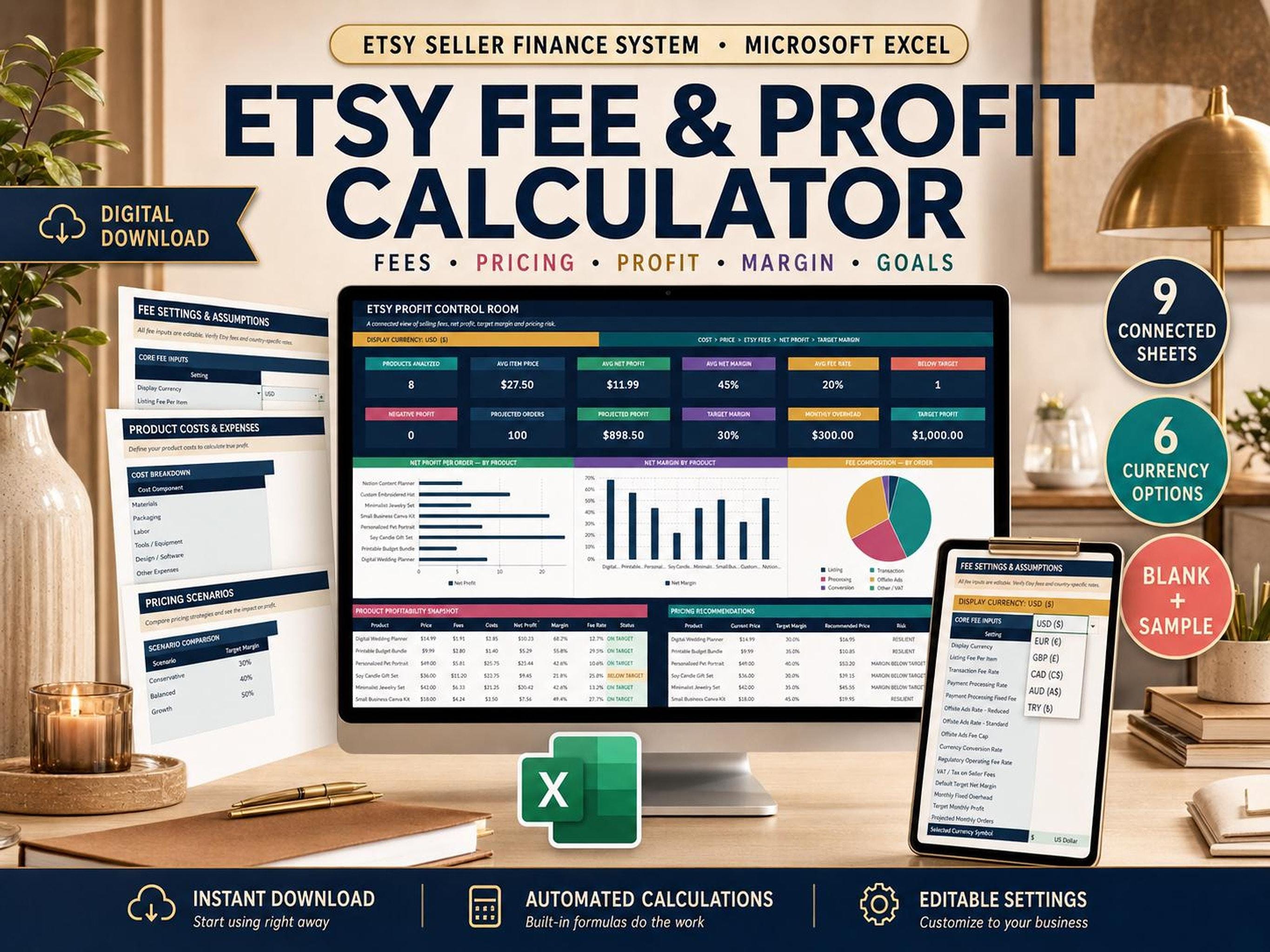 A desktop setup with a monitor displaying an "Etsy Fee & Profit Calculator" spreadsheet, a laptop, a notebook, and a phone showing currency options.