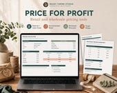 A silver laptop displays two green and white spreadsheets: "Pricing Calculator" and "Wholesale Pricing Worksheet."