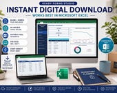 A laptop and a desktop monitor both display an inventory dashboard, with a blue planner, a mug, a plant, and a large green Excel logo on the desk.