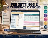 A desktop setup with a monitor displaying "Fee Settings & Currency Options" in an Etsy spreadsheet, a laptop, and a notebook.