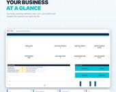 A screen displaying a "Live Dashboard" with sections for "Outstanding," "Low Stock Items," "Maintenance Due," and "Action Center," showing various business metrics.