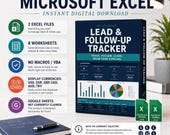 A box for "The Focused Lead & Follow-Up Tracker" is shown with icons indicating 2 Excel files, 8 worksheets, and currency options.