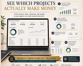 A laptop displays a project profitability tracker showing revenue, costs, profit, and margin data.