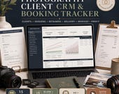 A laptop displaying a photography business dashboard spreadsheet, surrounded by camera gear, a notebook, and printed client forms.