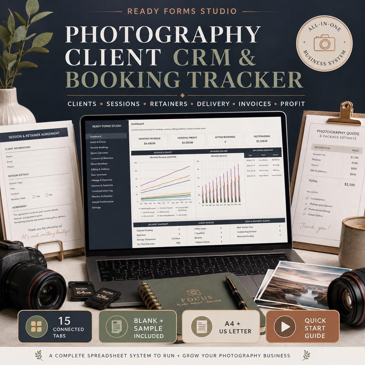 A laptop displaying a photography business dashboard spreadsheet, surrounded by camera gear, a notebook, and printed client forms.