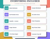 A grid of ten colorful rectangles, each listing a digital product file type and name, such as XLSX Blank Workbook and PDF A4 Printable Forms.