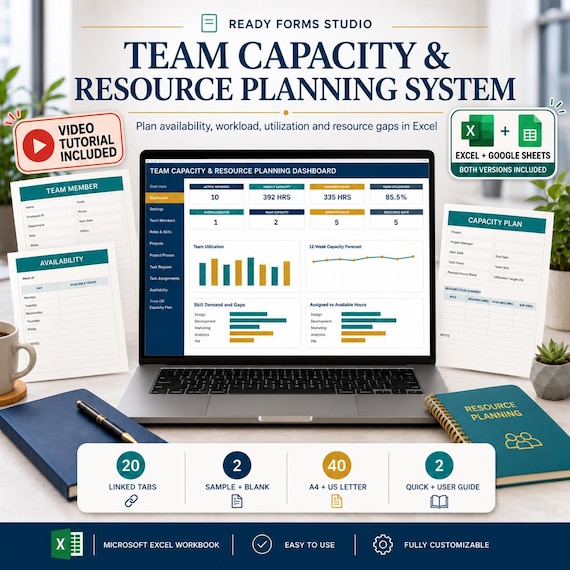 Resource Planner & Capacity Planner Spreadsheet: Team Management, Workload Forecast, Utilization Excel