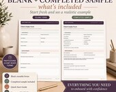 Two printed client intake forms, one blank and one completed with example information, are shown on a dark desk with a gold pen.