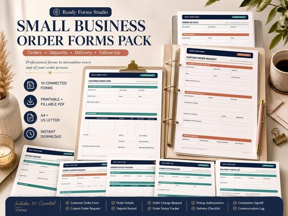 Small Business Order Forms Pack: Order Form, Deposit Record, Delivery Checklist and Order Tracking, Printable, Fillable PDF (US Letter, A4)