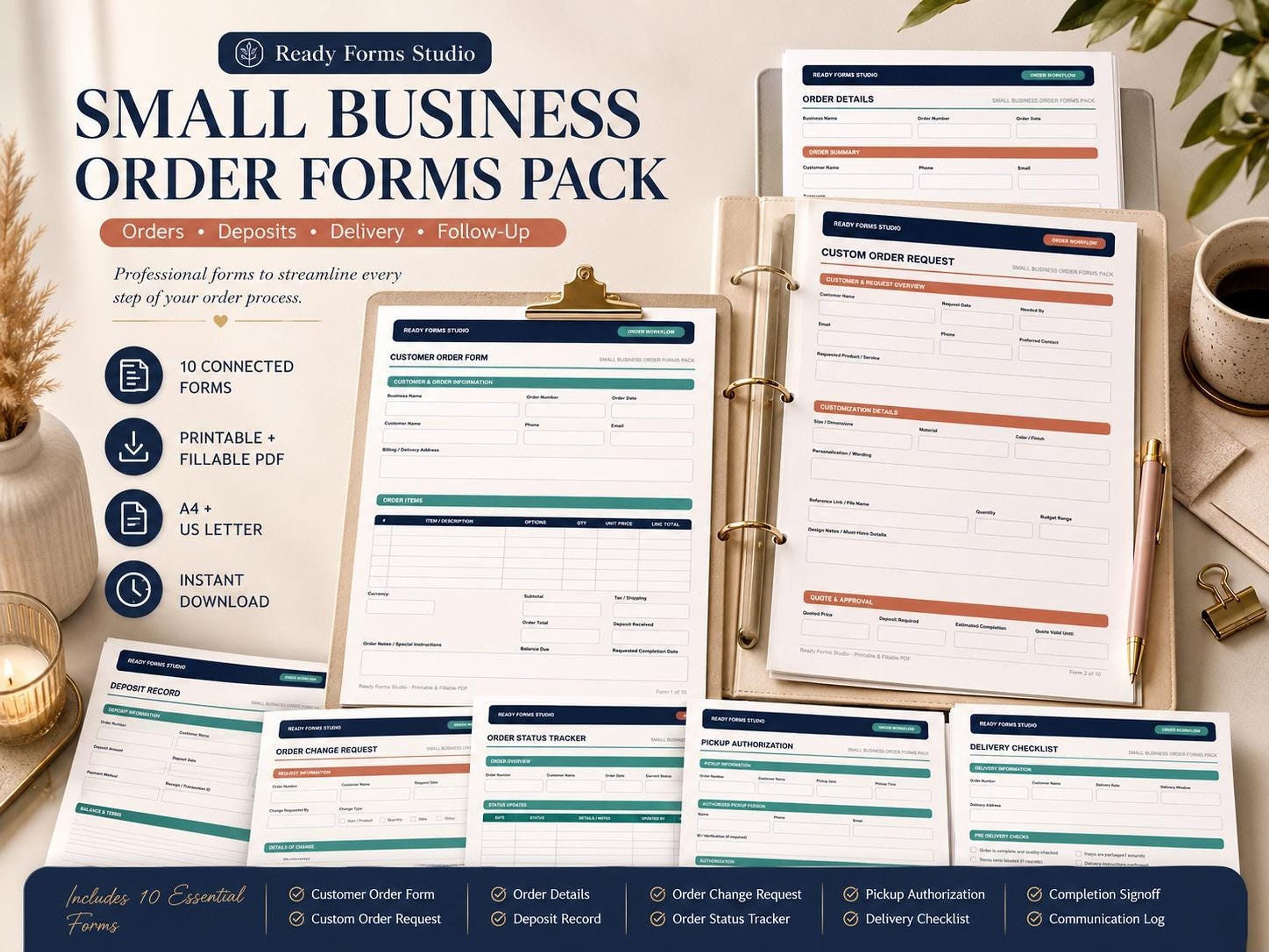 A flat lay shows a stack of white business forms, a clipboard with a form, and several individual forms with green and orange accents, on a light wood surface with a coffee cup and plant.