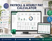 A desktop monitor and tablet display a green and white Excel payroll calculator interface with various charts and data tables, surrounded by a coffee cup, plant, and pen.