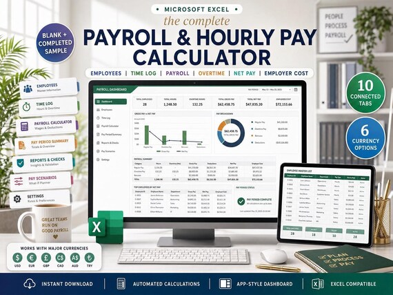 Payroll & Hourly Pay Calculator in Excel: Time Tracker, Overtime Calculator, Wage Calculator and Labor Cost Sheet