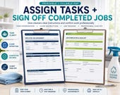 Two printed forms, "Employee Job Assignment" and "Job Completion & Sign-Off," are displayed next to a blue spray bottle and towel.