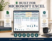 A laptop displays an "Invoice & Receivables Dashboard" spreadsheet, with icons around it indicating features like "Built for Microsoft Excel" and "40 Printable Pages."