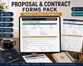 A monitor shows a "Project Closeout Summary" form, with a tablet displaying the same form, and a dark blue binder labeled "Project Closeout Summary."