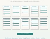 Ten blank printable forms for daycare operations, including enrollment, attendance, tuition, daily report, and incident forms.