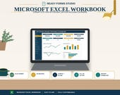 A laptop displays an Excel dashboard, with text overlays indicating "XLSX Format," "No Macros," "Sample + Blank," "A4 + US Letter," and "Instant Download."
