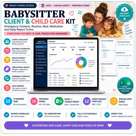 Babysitter Planner | Child Care Tracker, Booking Schedule & Client Management (Google Sheets + Printable Forms)