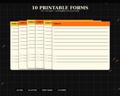 Ten blank paper forms, stacked and fanned out, with the top five forms labeled "Form 01" through "Form 05" in orange tabs, each form having multiple blank lines and checkboxes.