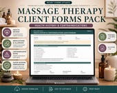 A laptop displays a health history and contraindications form for massage therapy, with a plant and amber bottles in the background.