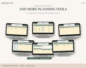 Six laptop screens display various Excel spreadsheets with titles like "Contacts," "Tracking," "Itinerary," "Guests," "Seating," and "Invitation," arranged in a semi-circle.