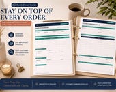 Two white business forms, titled "Order Status Tracker" and "Customer Communication Log," are displayed on a light wood surface with a pen and a candle.
