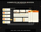 A screen displaying a "Command Center" dashboard with "Revenue," "Open Jobs," and "Profit" metrics, next to five orange rectangular buttons labeled "Jobs," "Estimates," "Clients," "Expenses," and "Invoices," and two blank forms labeled "Form 02" and