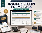 A desktop setup with a monitor displaying a service invoice form, surrounded by printed forms, a calculator, and a notebook.