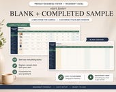 Two desktop monitors display green and white product inventory spreadsheets, one with sample data and one blank, with a vase on the left.