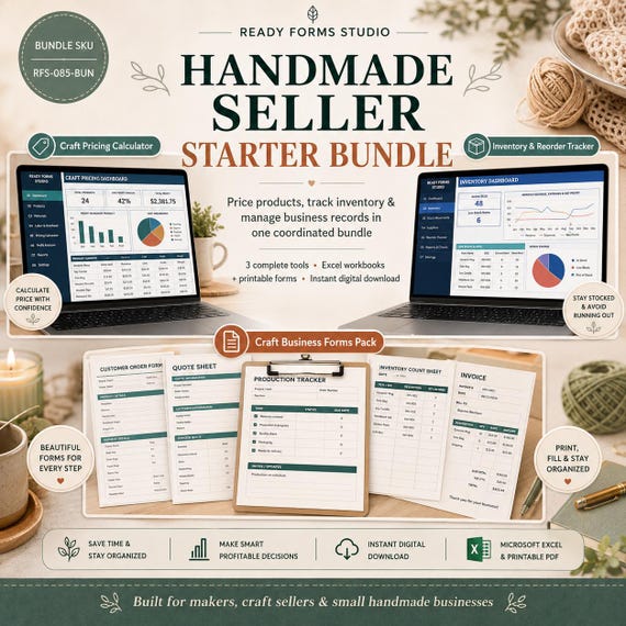 Handmade Seller Starter Bundle in Excel: Craft Pricing Calculator, Inventory Tracker & Printable Business Forms