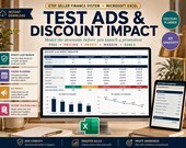 A desktop setup with a monitor displaying a "Test Ads & Discount Impact" spreadsheet, a laptop, and a notebook.