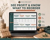 A silver laptop displays two green and white spreadsheets: "Profitability Analytics" and "Reorder Planner."