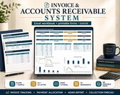 A laptop displays an "Invoice & Accounts Receivable Dashboard" spreadsheet, flanked by printed sheets of other related spreadsheets, a pen, and a stack of books with a mug.