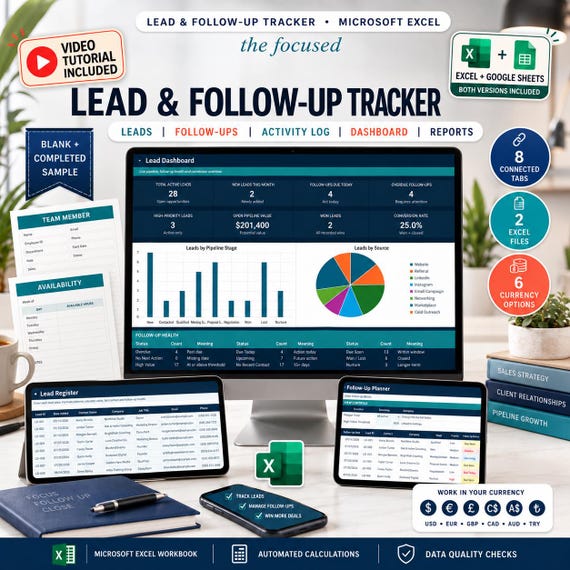 Small Business Lead Tracker Spreadsheet, Client Follow Up CRM Excel Template