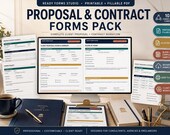 A desktop setup with a monitor displaying a "Client Proposal Cover & Summary" form, a tablet showing a "Scope of Work" form, and various paper forms, including "Pricing & Payment Schedule" and "Change Request."