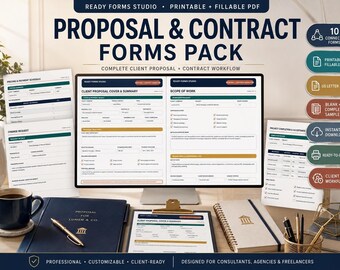 Pakket met voorstel- en contractformulieren: Werkomschrijving, projectgoedkeuring, wijzigingsverzoek en projectafsluiting.