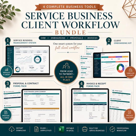 Service Business Bundle in Excel: CRM, Client Onboarding, Proposal & Contract Forms, Invoice and Receipt Templates