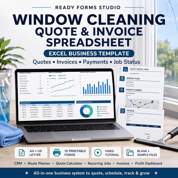 Window Cleaning Quote & Invoice Spreadsheet | Client CRM, Job Tracker, Payments and Profit | Excel Business Template