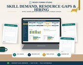 A laptop displays a "Team Capacity & Resource Planning Dashboard" with charts, surrounded by printed forms labeled "Skill Demand," "Resource Gap," and "Hiring Scenario," on a beige background.