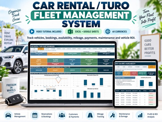 Car Rental Fleet Spreadsheet | Turo Booking, Availability, Mileage, Maintenance & Vehicle ROI | Excel + Google Sheets