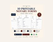 Five printable notary forms are displayed, including a signing order confirmation, client intake form, and appointment completion report.