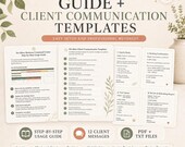 A step-by-step usage guide and client communication templates are shown printed on paper.