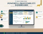 A laptop displays an Excel dashboard with charts and numbers, with text overlays describing "Powerful Profitability Dashboard" and key metrics like "Contract Value" and "Gross Profit."
