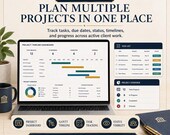 A laptop displays a multi-project task and timeline tracker with gantt charts and status lists.
