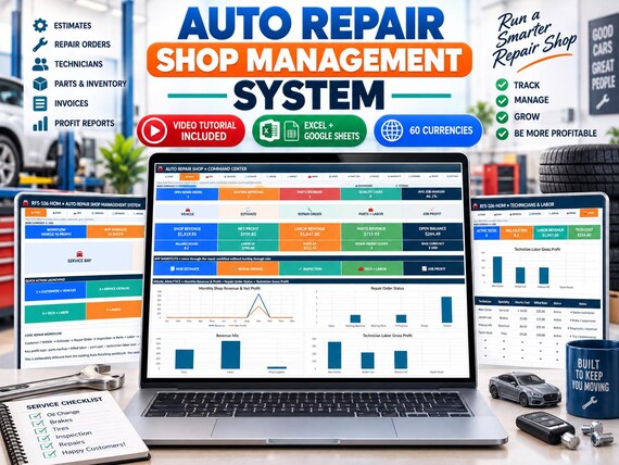 Auto Repair Shop Management System | Repair Orders, Estimates, Parts, Labor, Invoices (Excel + Google Sheets)