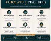 A feature summary listing the formats included in the bundle such as four editable Excel workbooks, instant digital downloads, and blank or sample files.
