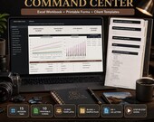 A laptop displays a photography business command center dashboard with graphs and data, flanked by a camera, lens, and paper forms.