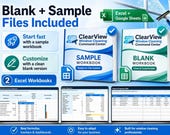 Three open binders labeled "ClearView Window Cleaning Command Center" (Sample Workbook, Blank Workbook) are shown above three laptop screens displaying different spreadsheet views.