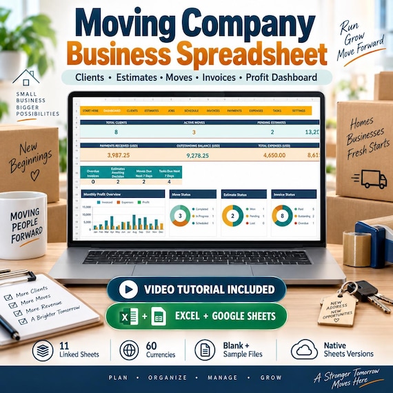 Moving Company Business Spreadsheet | Client CRM, Estimates, Invoices, Profit Dashboard (Excel + Google Sheets)