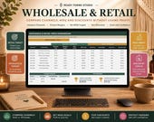 A laptop displays a "Wholesale & Retail" spreadsheet with tables comparing retail and wholesale pricing, MOQ, and discount tests.